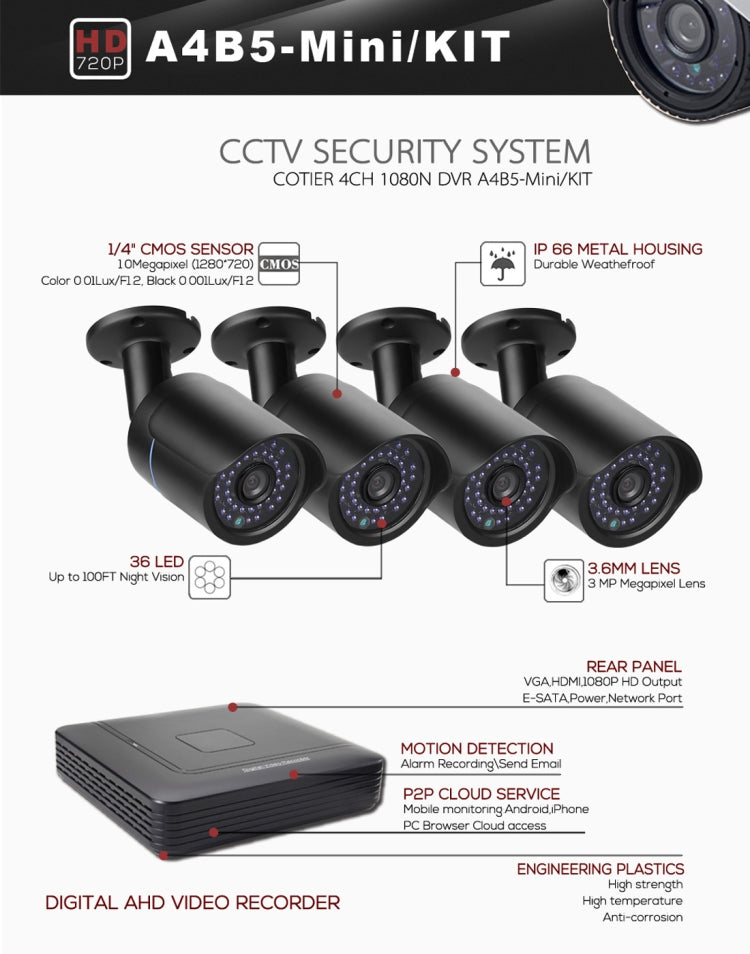 A4B5-Mini 4 Channel 720P 1.0 Mega Pixel 4 x Bullet AHD Cameras AHD DVR Kit, Support Night Vision / Motion Detection, IR Distance: 20m, A4B5-Mini Kit A4B5-Mini 4 Channel 720P 1.0 Mega Pixel 4 x Bullet AHD Cameras AHD DVR Kit, Support Night Vision / Motion Detection, IR Distance: 20m, A4B5-Mini Kit